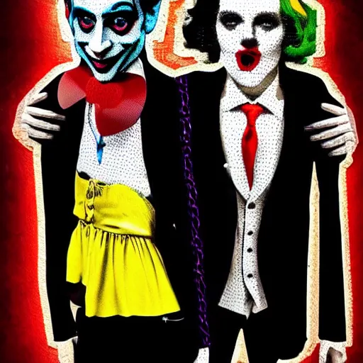 Image similar to mimmo rottela and banksy as joaquin phoenix skinny joker holding hand lady gaga harley queen, very realistic, intricate details, pop art style, concept art, confident, love, random object movement, 3 colours, proportional size, warm color, 4 k, ultra smooth, sharp focus