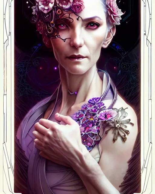 Image similar to Beautiful ethereal cyberpunk woman in her fifties, art nouveau, fantasy, intricate flower designs, elegant, highly detailed, sharp focus, art by Artgerm and Greg Rutkowski and WLOP