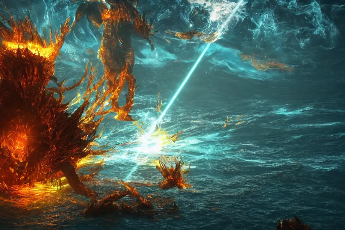 Image similar to colossal shaman god destroying very living thing in the ocean, made of lasers, cast across the night sky, 8 k, ultra realistic, lens flare, atmosphere, glow, detailed, intricate, full of colour, cinematic lighting, trending on artstation, 4 k, hyperrealistic, focused, extreme details, unreal engine 5, cinematic, masterpiece