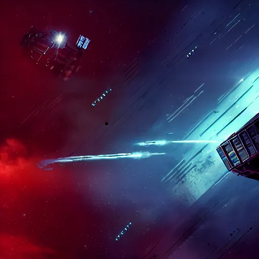 Image similar to spaceship made of shipping containers, black background, eve online, the expanse, long shot, gritty, industrial