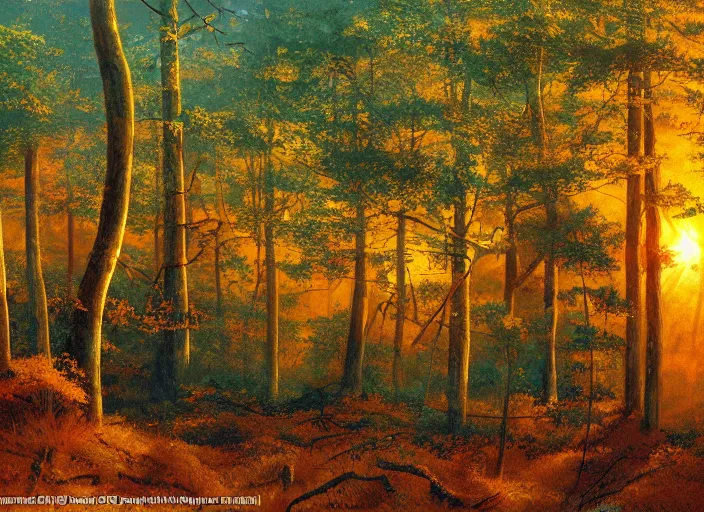 Prompt: the sun rose over the horizon and bathed the forest with a warm golden glow. the trees of the forest seemed to stretch toward the sky, reaching for the light of day. & d concept art, d & d wallpaper, warm, walls painted blue, blue walls, digital art. art by james gurney and larry elmore.