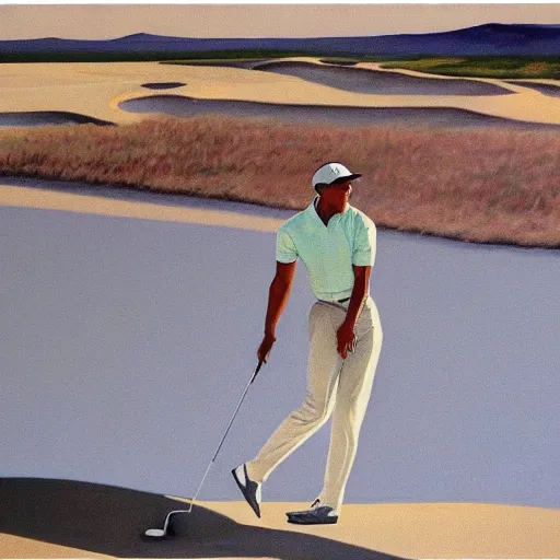 Image similar to tiger woods playing golf on the moon, painted by edward hopper