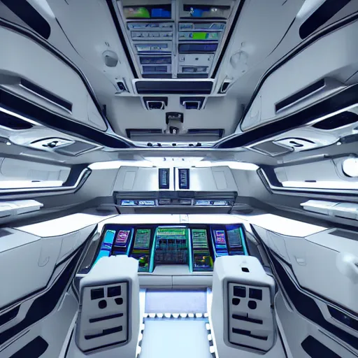 Prompt: flight deck inside a sci-fi spaceship escape pod that is haunted. clean white interior, large window to view outer space, raytraced, highly detailed, z-brush, corona render, 4k