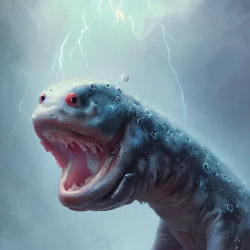 Image similar to shocked Axolotl hit by lightning from the sky in a small puddle, thunder, dramatic, dark, fantasy, digital art, hyperrealistic, Greg Rutkowski, Trending on Artstation, highly detailed