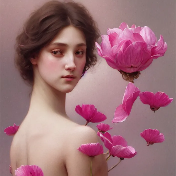 Prompt: pink petals with a shape of a human body, intricate, elegant, highly detailed, wonderful eyes, sweet, digital painting, artstation, concept art, smooth, sharp focus, illustration, art by artgerm and greg rutkowski and alphonse mucha and william - adolphe bouguereau