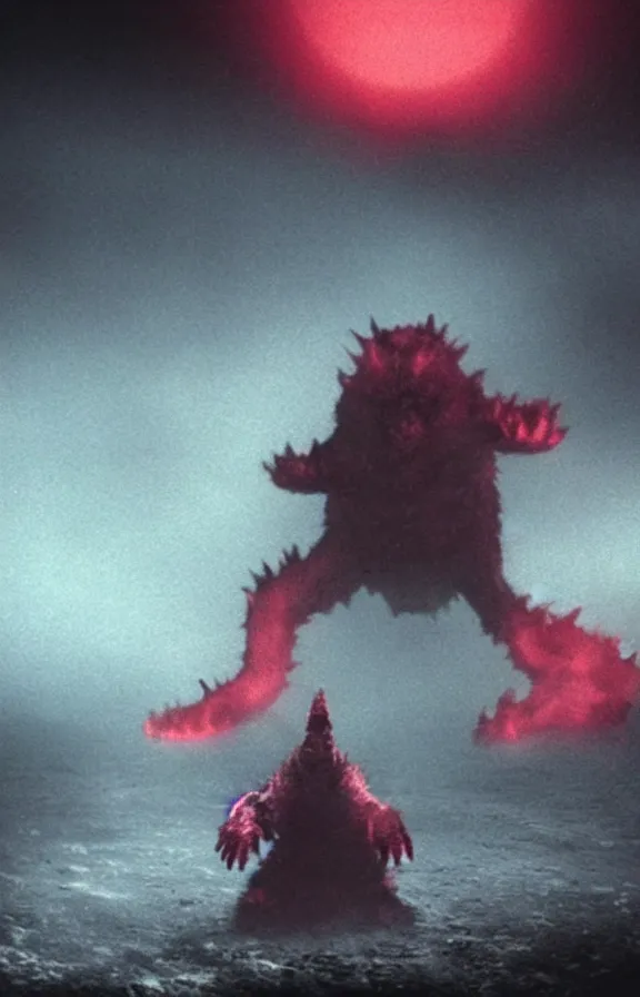 Image similar to very low - resolution found footage of a kaiju monster, fog, foggy, video compression, red hue, thriller, underdeveloped, flare, epic, dramatic