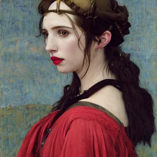 Image similar to emma roberts as a bandit queen, goddes of the vampires, red silk dress, bloodshot eyes by edgar maxence and caravaggio and michael whelan and delacroix
