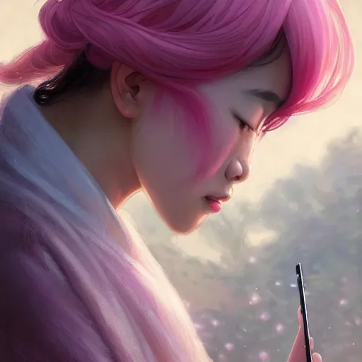 Prompt: asian girl crying while staring at her cell phone, pink hair, tokyo landscape, D&D, fantasy, intricate, elegant, highly detailed, digital painting, artstation, concept art, matte, sharp focus, illustration, art by Artgerm and Greg Rutkowski and Alphonse Mucha