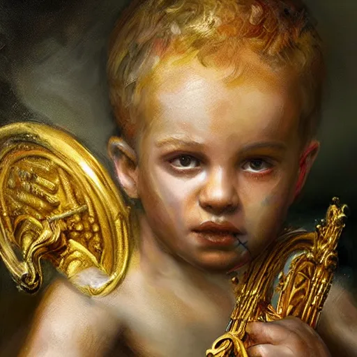 Image similar to stunning portrait of 3yo greek argonaut Orpheus wearing a golden lyre, painting by Raymond Swanland, cyberpunk, sci-fi cybernetic implants hq