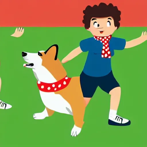 Image similar to illustration of french boy in paris playing football against a corgi, the corgi is wearing a polka dot scarf