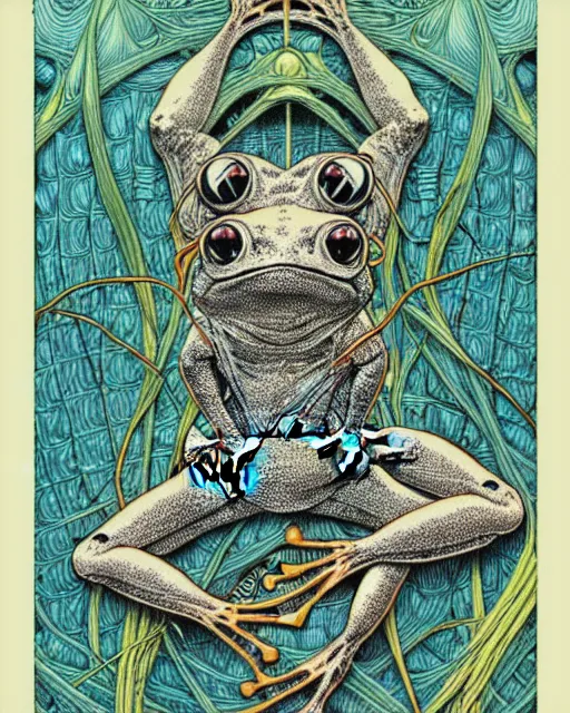 Prompt: hyper detailed illustration of a frog, intricate linework, lighting poster by moebius, ayami kojima, 9 0's anime, retro fantasy