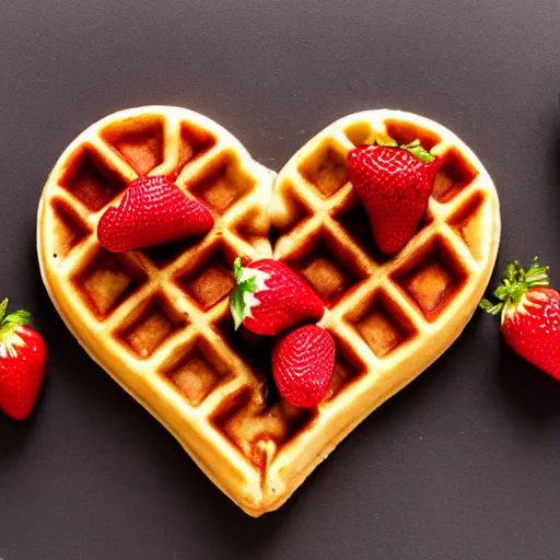 Prompt: photo of a waffle shaped like a heart with strawberries, studio lighting