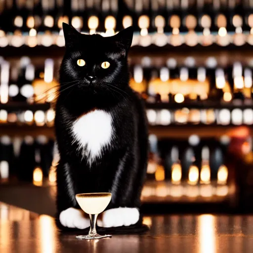 Prompt: a photo of a black cat drinking expensive champagne in a fancy dark bar, mood lighting, f 1. 8, iso 1 6 0 0