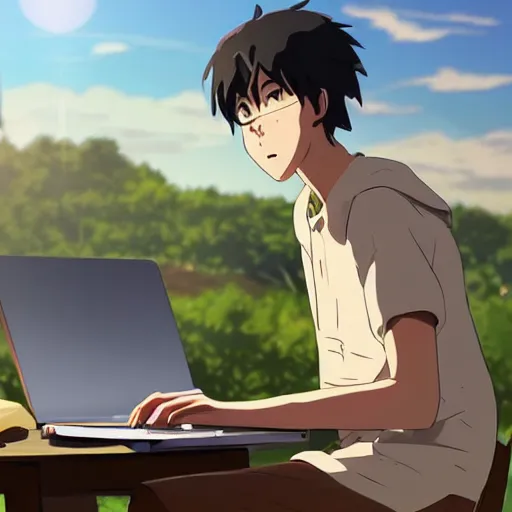 Prompt: concept art of man working on laptop at sunny beach, perfect face, fine details, by makoto shinkai and studio ghibli and kyoto animation