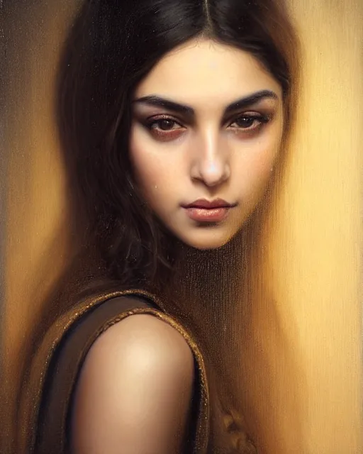 Image similar to a highly realistic, true to life portrait of a beautiful young middle eastern girl, soft focus, from the waist up, with sharp features, a beautiful face, soft smile, under studio lighting, taken with a canon eos camera with 1 3 5 mm focal length, art by karol bak, james jean, tom bagshaw, trending on artstation,