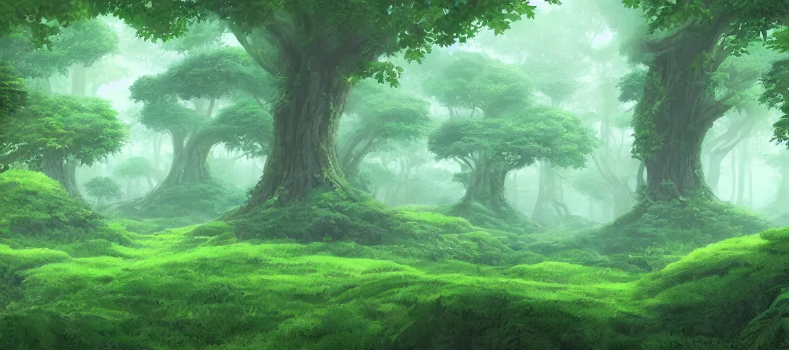 Image similar to A lush green forest by Ghibli Studio, digital art, immaculate scale