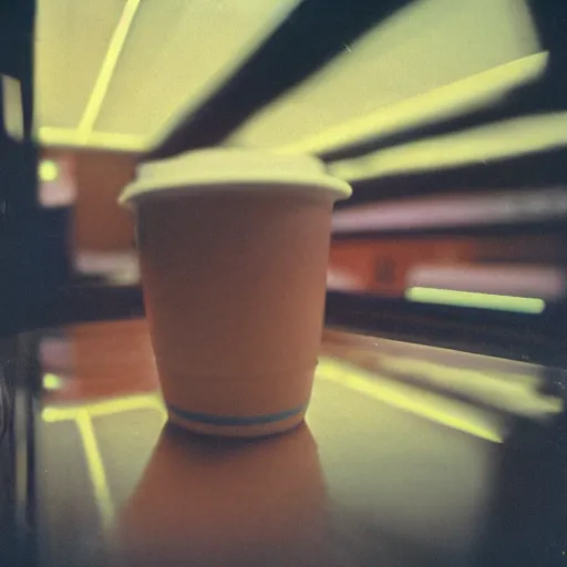 Image similar to a cup of tea, inside of a 1970s science lab, neon lights, dirty, ektachrome photograph, volumetric lighting, f8 aperture, cinematic Eastman 5384 film