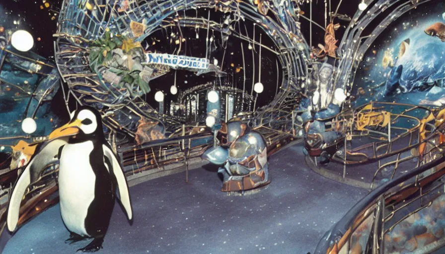 Image similar to 1990s photo of inside the Wild Space Penguin ride at Universal Studios in Orlando, Florida, riding a Penguin through space , cinematic, UHD