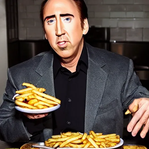 Prompt: hangry nicholas cage in a cage with cajun fries