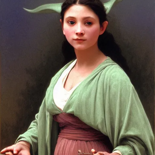 Prompt: Painting of Yoda. Art by william adolphe bouguereau. During golden hour. Extremely detailed. Beautiful. 4K. Award winning.