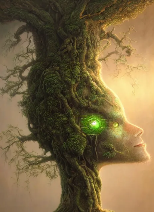 Image similar to Portrait of an Ancient Robot with a tree growing out of its head, patches of moss, translucent leaves, extremly detailed digital painting, in the style of Tomasz Alen Kopera and Fenghua Zhong and Peter Mohrbacher, mystical colors, rim light, beautiful lighting, 8k, stunning scene, raytracing, octane, trending on artstation