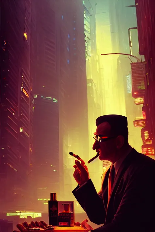 Image similar to A mafia boss lighting a cigar in a cyberpunk setting, by Evgeny Lushpin, dramatic lighting, high contrast colours, as trending on Artstation, highly detailed,