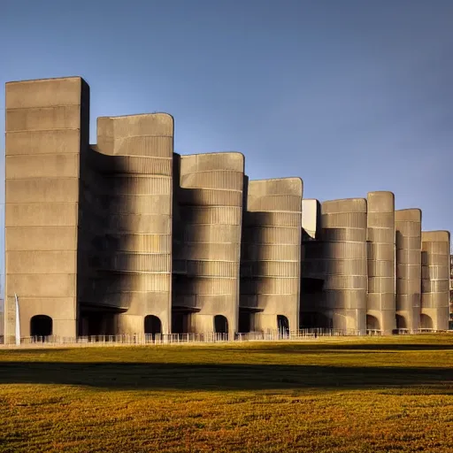 Image similar to a wide shot of a sci - fi beautiful brutalist monumental building, with many rounded elements sprouting from the base tower creating a feel of an organic structure, photography shot at golden hour