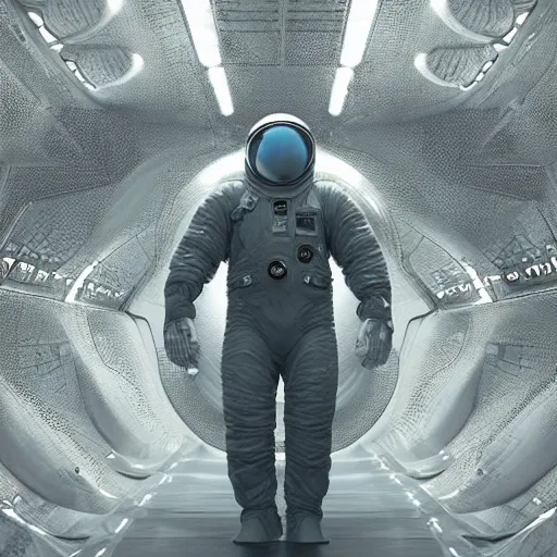 Image similar to concept art by craig mullins astronaut in futuristic dark and empty spaceship underwater. infrared complex and hyperdetailed technical suit. mandelbulb fractal. reflection and dispersion materials. rays and dispersion of light. volumetric light. 5 0 mm, f / 3 2. noise film photo. flash photography. unreal engine 4, octane render. interstellar movie art