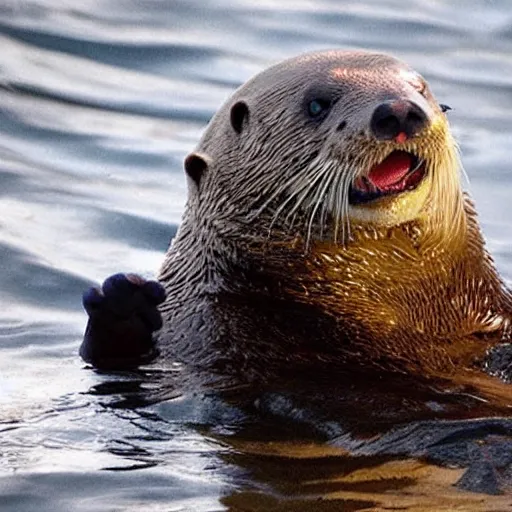 Image similar to nicolas cage cosplay as a sea otter