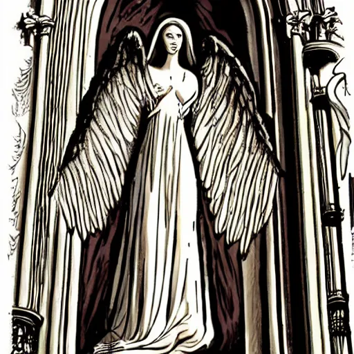 Image similar to tall female angel is long flowing robes, feathered wings, shrouded, veiled, ornate gothic cathedral