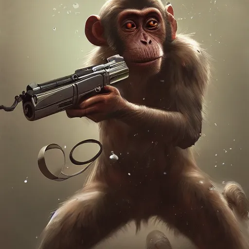 Prompt: monkey shooting a gun, made by Stanley Artgerm Lau, WLOP, Rossdraws, James Jean, Andrei Riabovitchev, Marc Simonetti, Yoshitaka Amano, ArtStation, CGSociety