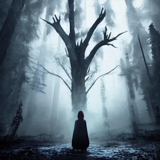 Prompt: plasma body, anime spectral female character, emerge from big old creepy tree, mist aura, black eyes melt, full body portrait, photorealistic, volumetric lighting, octane rendering, dark and mysterious, atmospheric, ominous, creepy, cinematic, real, concept art, epic, 8 k, 4 k, ultra detail, ultra realistic, trading art station, rendered by awesomeness