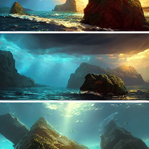 Prompt: underwater box of treasure, beautiful dynamic lighting, cinematic, wide angle establishing shot, extremely high detail, photo realistic, cinematic lighting, post processed, concept art, artstation, matte painting, style by frederic church, raphael lacoste, unreal engine 8k