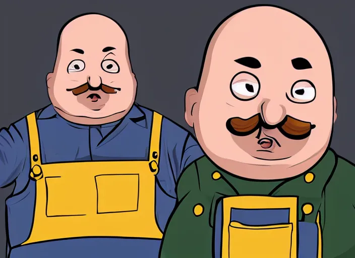 Prompt: overweight bald english plumber in overalls looking judgmentally into the camera, funny, full frame of graphic novel