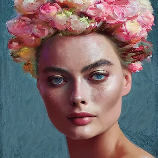 Image similar to happy very thick paint brush strokes paint texture full body fashion model margot robbie by Jeremy Lipking by Hasui Kawase by Richard Schmid (((smokey eyes makeup eye shadow fantasy, glow, shimmer as victorian woman in a long white frilly lace dress and a large white hat having tea in a sunroom filled with flowers, roses and lush fern flowers ,intricate, night, highly detailed, dramatic lighting))) , high quality