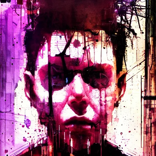 Image similar to portrait of a cyberpunk, wires, machines, in a dark future city by jeremy mann, francis bacon and agnes cecile, and dave mckean ink drips, paint smears, digital glitches glitchart c - 1 0