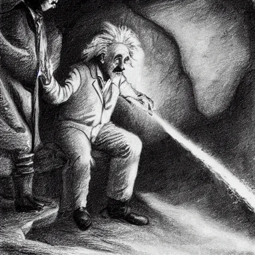 Image similar to Albert Einstein discovers fire in a cave, pencil illustration