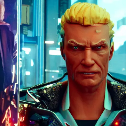 Image similar to donald trump as an evil cyborg in cyberpunk 2 0 7 7 and is the head of an evil corporation, technological, movie footage, high - tech, still frame