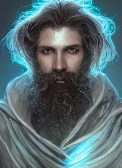 Prompt: Portrait of hexblade warlock Paladin, white glowing eyes, silver shaggy hair, short brown, scruffy beard, cloak, teal ethereal tendril wings, male, fantasy, extremely detailed, digital painting, artstation, concept art, smooth, sharp focus, illustration, stunning lighting, art by artgerm and greg rutkowski and alphonse mucha and simon stalenhag, realistic character concept, high fantasy, light atmosphere, golden ratio, cinematic lighting, hyperdetailed, high resolution, insanely detailed and intricate, artstation, Marc Simonetti, Greg Rutkowski