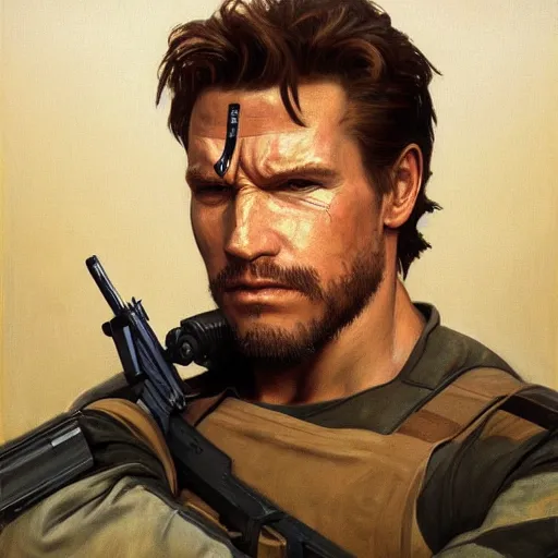 Image similar to Painting of Arnnold Schwarzenegger as Metal Gear Solid character Solid Snake. Art by william adolphe bouguereau. During golden hour. Extremely detailed. Beautiful. 4K. Award winning.