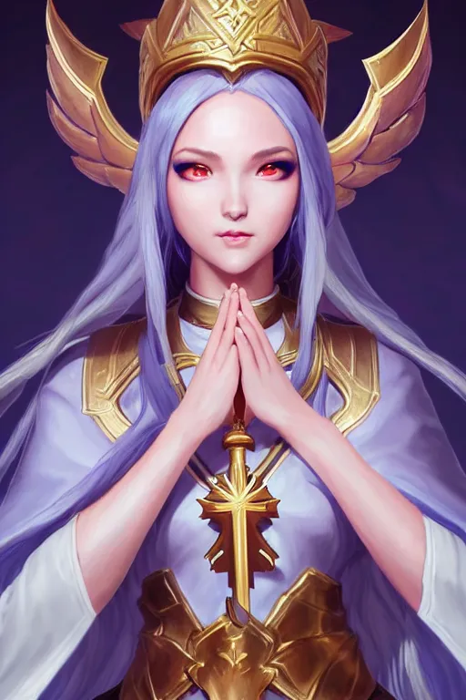 Prompt: a saint noble high priestess pray for god as a league of legends character, angelic light, fantasy priestess clothes, priestess key visual, masterpiece, cg animation, riot enterainment, arcane, realistic, hyper detailed, hyper detailed face, character select portrait, 3 d, by artgerm, rossdraws, drew struzan, justin gerard