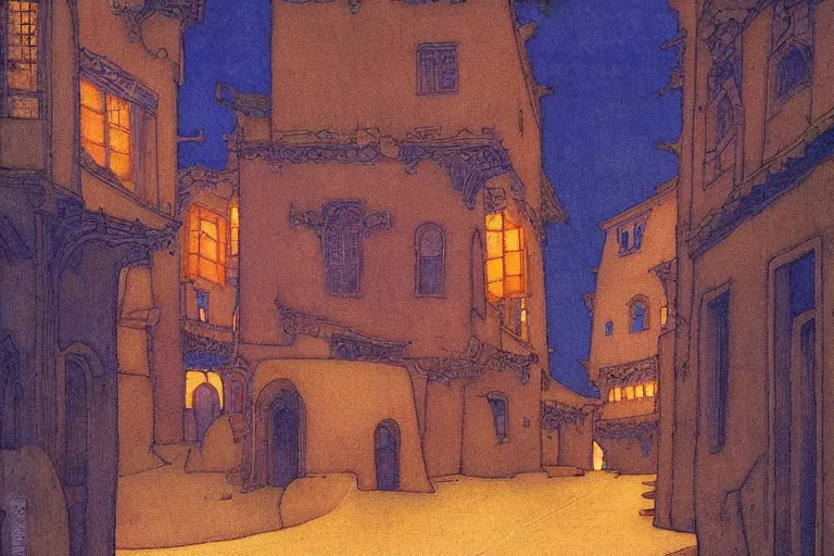 Image similar to winding street at twilight in a very old city by Edmund Dulac and Nicholas Roerich and jean delville, glowing paper lanterns, strong dramatic cinematic lighting , ornate tiled architecture, lost civilizations, smooth, sharp focus, extremely detailed