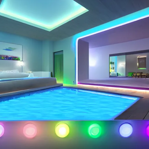 Prompt: govee hue led strip lighting, swiming pool, scene, colourful, 8 k, unreal engine, realistic, house and home,