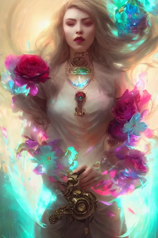 Image similar to beautiful girl necromancer covered with rainbow, 3 d render, hyper realistic detailed portrait, holding magic flowers, ruan jia, wlop. scifi, fantasy, hyper detailed, octane render, concept art, peter mohrbacher