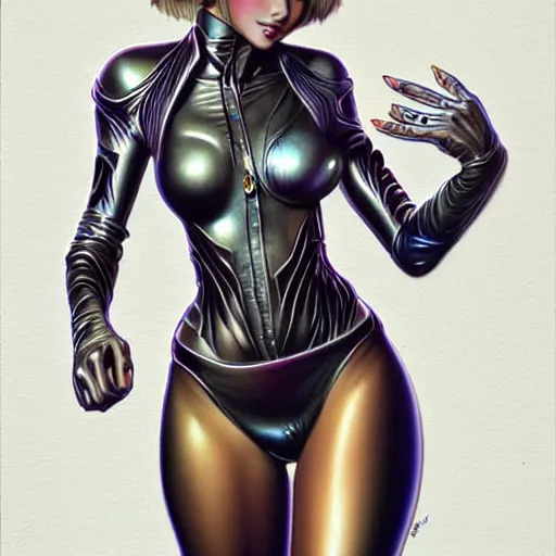 Image similar to cute girl walking with swagger, art by peter lloyd 1 9 8 0, airbrush style, art by hajime sorayama,, intricate, elegant, sharp focus, illustration, highly detailed, concept art, matte, sharp focus, illustration, highly detailed, concept art, h 6 4 0