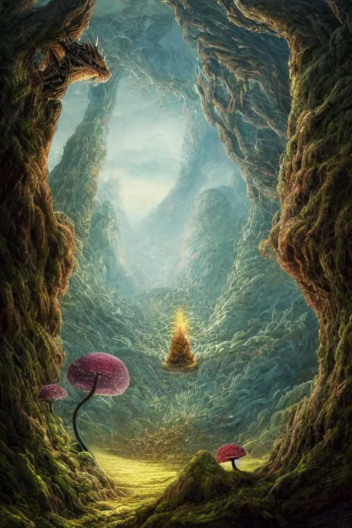 Prompt: a beautiful digital landscape painting of a detailed fantasy dragon and roots, dark mushroom, flowers by benoit b. mandelbrot, steven belledin, martin johnson heade, lee madgwick, caspar david friedrich, and david rios ferreira. 8 k resolution trending on artstation concept art digital illustration