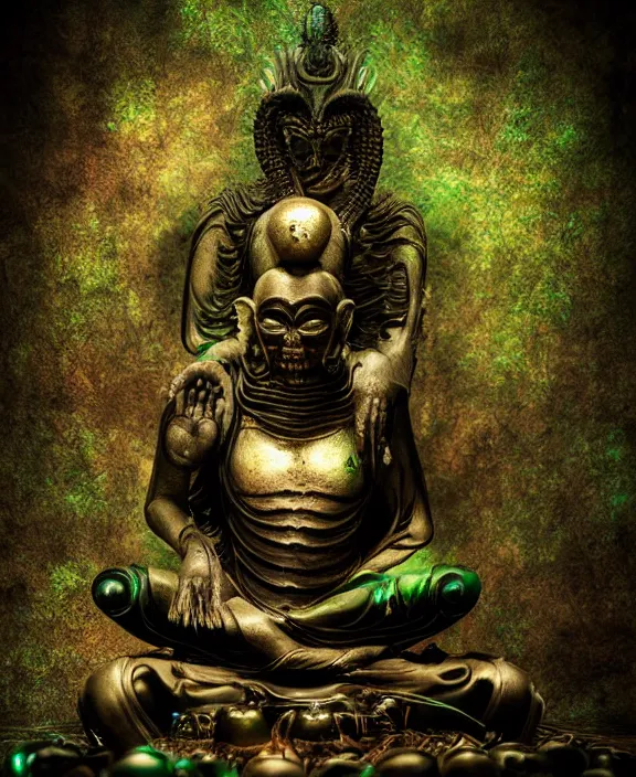 Image similar to xenomorph buddha meditation model hybrid, dragon eggs, dark emerald mist colors, giger background liminal void, cinematic lighting, realistic, award winning photograph, various refining methods, micro macro autofocus