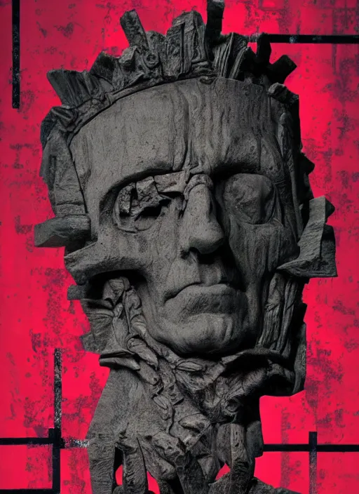 Image similar to dark design poster showing a statue of julius caesar with a skull, black background with very subtle red and purple design elements, powerful, nekro, vito acconci, thin straight lines, dark, glitch art, neo vaporwave, gritty, layout frame, square, trending on artstation