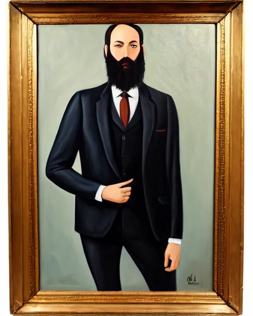 Image similar to a oil painting portrait of a stylish bearded man wearing suit outfit