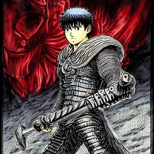 Image similar to Guts, Berserk, in the style of kentaro miura, very detailed, masterpiece, award winning, greatsword, coloured, manga